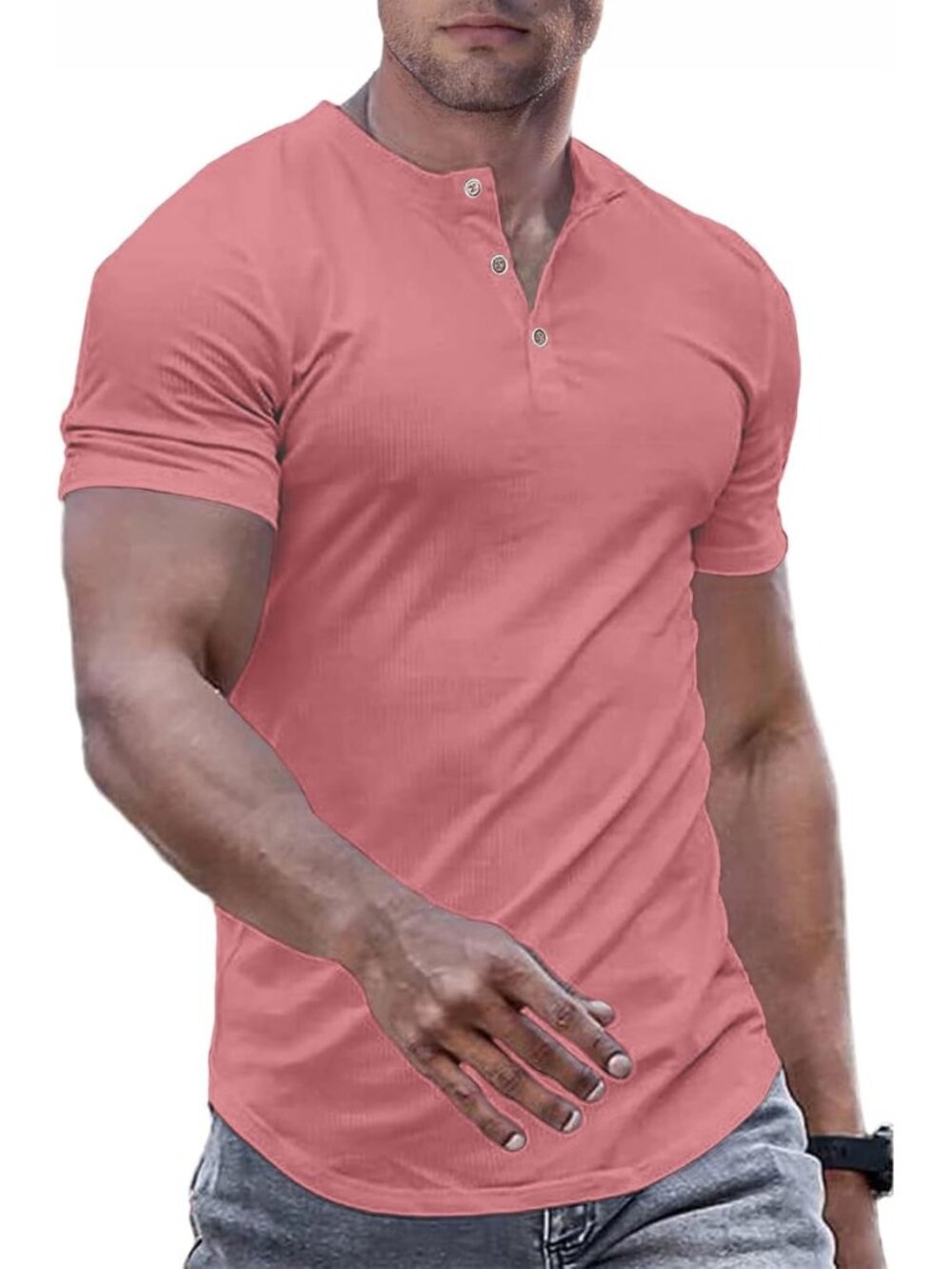 Men's Pink Muscle Slim Henley Crewneck Longline Athletic Button Tees Shirts